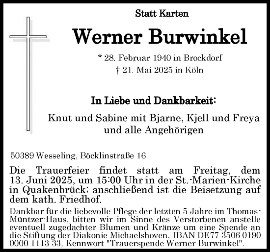 Traueranzeige von Werner Burwinkel von Norddeutsche Rundschau, Wilstersche Zeitung, Glückstädter Fortuna