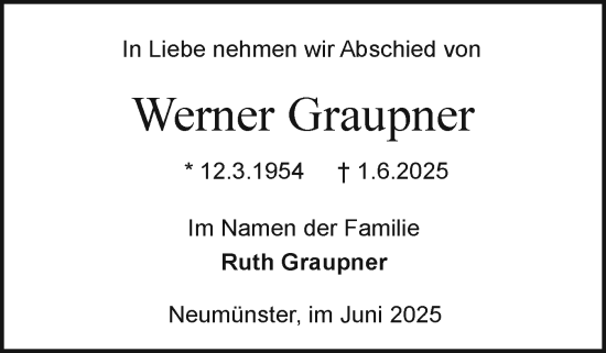Traueranzeige von Werner Graupner von Holsteinischer Courier