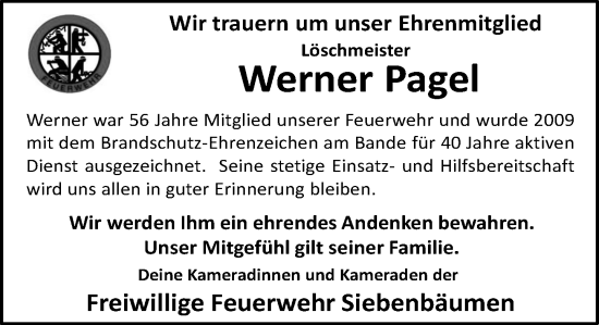 Traueranzeige von Werner Pagel von MARKT Bad Oldesloe/Reinfeld und Stormarner Tageblatt