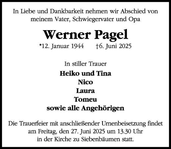 Traueranzeige von Werner Pagel von MARKT Bad Oldesloe/Reinfeld und Stormarner Tageblatt