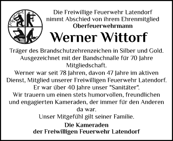 Traueranzeige von Werner Wittorf von Holsteinischer Courier