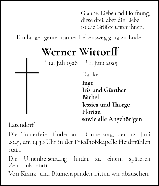 Traueranzeige von Werner Wittorf von Holsteinischer Courier
