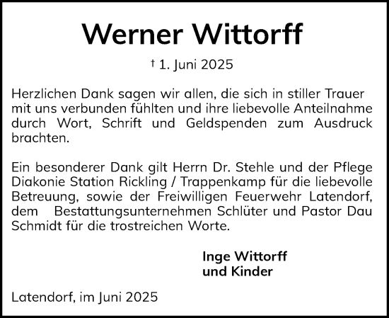 Traueranzeige von Werner Wittorff von Holsteinischer Courier