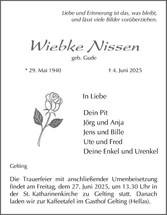 Traueranzeige von Wiebke Nissen von Flensburger Tageblatt