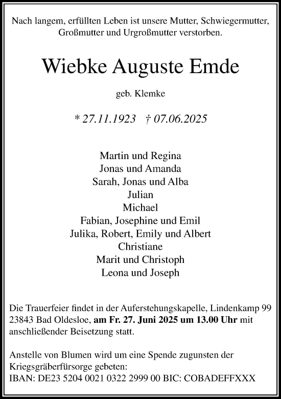 Traueranzeige von Wiebke Auguste Emde von MARKT Bad Oldesloe/Reinfeld und Stormarner Tageblatt