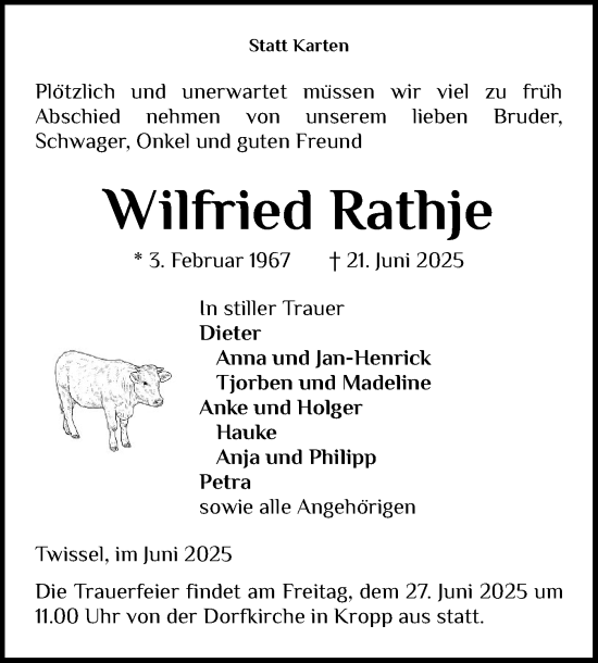 Traueranzeige von Wilfried Rathje von Schleswig-Holsteinische Landeszeitung