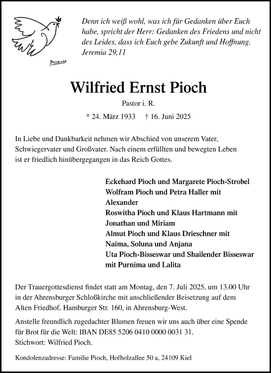 Traueranzeige von Wilfried Ernst Pioch von MARKT Ahrensburg/Bargteheide/Trittau und Stormarner Tageblatt