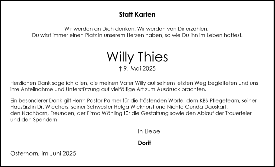 Traueranzeige von Willy Thies von Elmshorner Nachrichten, Barmstedter Zeitung