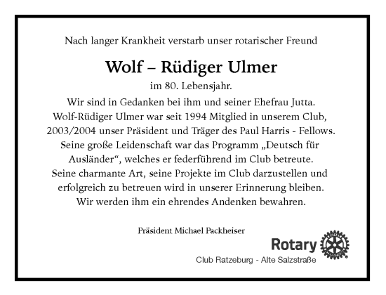 Traueranzeige von Wolf-Rüdiger Ulmer von MARKT Ratzeburg/Mölln