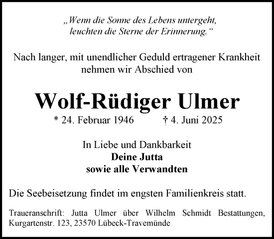 Traueranzeige von Wolf-Rüdiger Ulmer von MARKT Ratzeburg/Mölln