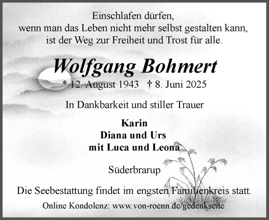 Traueranzeige von Wolfgang Bohmert von Schleswiger Nachrichten, Schlei-Bote