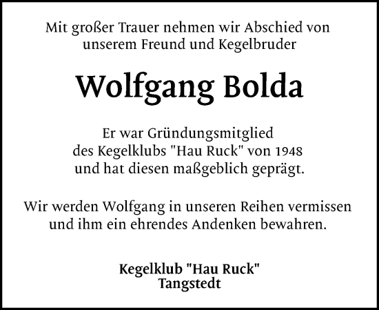 Traueranzeige von Wolfgang Bolda von Region Pinneberg und tip Pinneberg