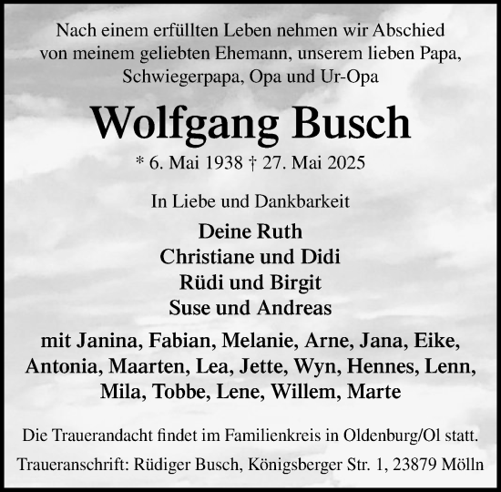 Traueranzeige von Wolfgang Busch von MARKT Ratzeburg/Mölln