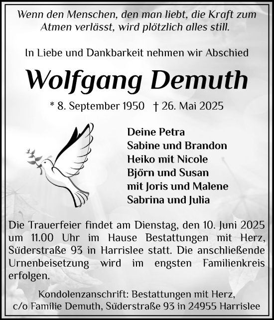 Traueranzeige von Wolfgang Demuth von Flensburger Tageblatt