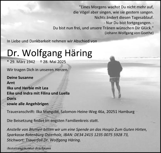 Traueranzeige von Wolfgang Häring von Sylter Rundschau