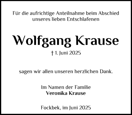 Traueranzeige von Wolfgang Krause von Schleswig-Holsteinische Landeszeitung