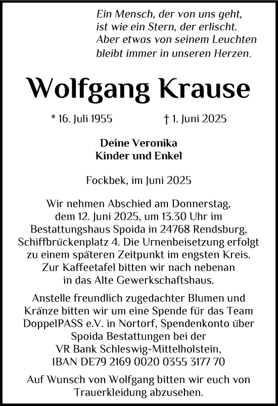 Traueranzeige von Wolfgang Krause von Schleswig-Holsteinische Landeszeitung