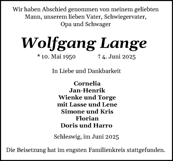 Traueranzeige von Wolfgang Lange von Schleswiger Nachrichten, Schlei-Bote