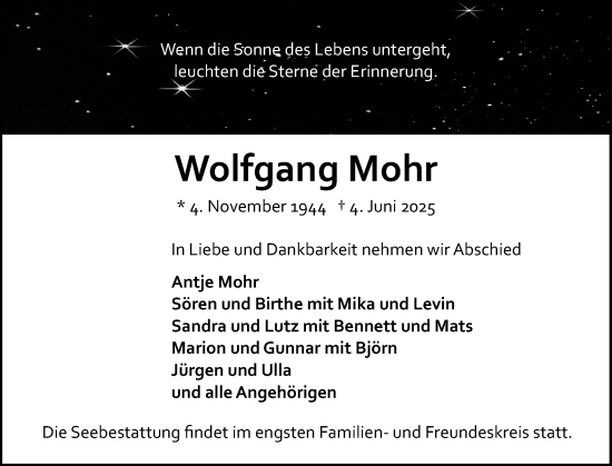 Traueranzeige von Wolfgang Mohr von Elmshorner Nachrichten, Barmstedter Zeitung
