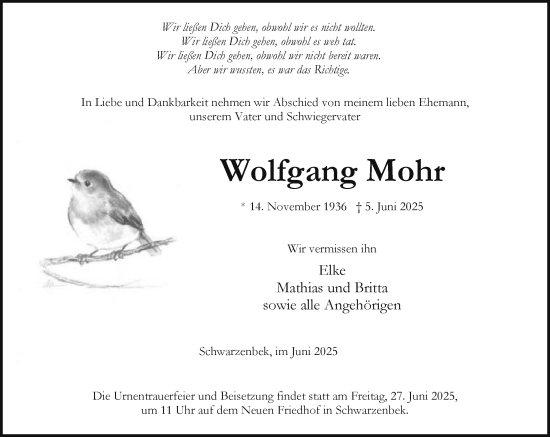 Traueranzeige von Wolfgang Mohr von Wochenend Anzeiger