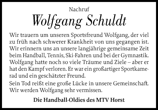 Traueranzeige von Wolfgang Schuldt von Elmshorner Nachrichten, Barmstedter Zeitung