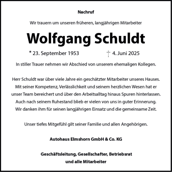 Traueranzeige von Wolfgang Schuldt von Elmshorner Nachrichten, Barmstedter Zeitung