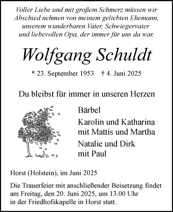 Traueranzeige von Wolfgang Schuldt von Elmshorner Nachrichten, Barmstedter Zeitung