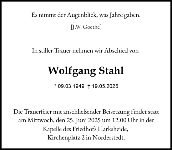 Traueranzeige von Wolfgang Stahl von Heimatspiegel