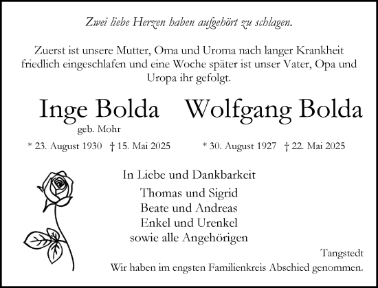 Traueranzeige von Wolfgang und Inge Bolda von Region Pinneberg und tip Pinneberg