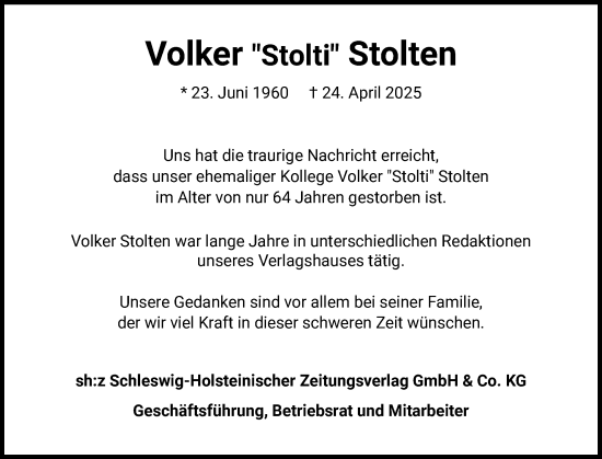 Traueranzeige von Volker Stolten von Region Flensburg, Elmshorner Nachrichten, Barmstedter Zeitung, Stormarner Tageblatt 
