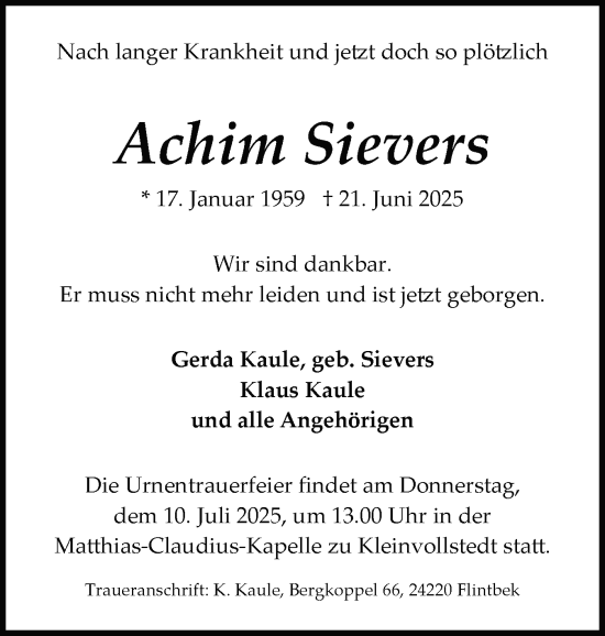Traueranzeige von Achim Sievers von Schleswig-Holsteinische Landeszeitung