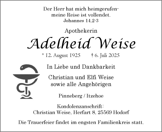 Traueranzeige von Adelheid Weise von Region Pinneberg und tip Pinneberg