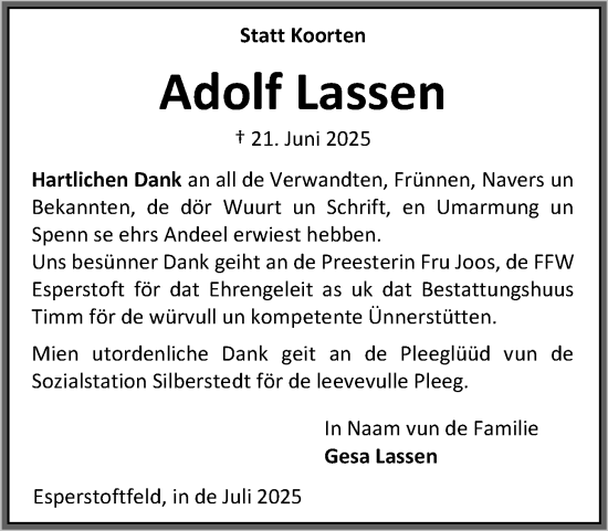 Traueranzeige von Adolf Lassen von Flensburger Tageblatt, Schleswiger Nachrichten, Schlei-Bote
