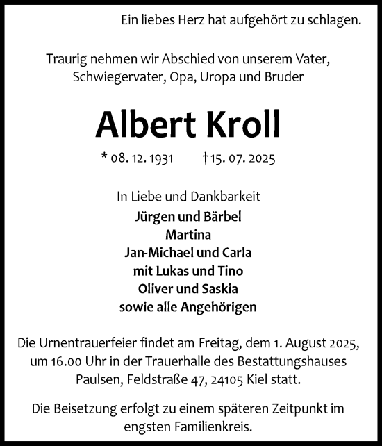Traueranzeige von Albert Kroll von Schleswiger Nachrichten, Schlei-Bote