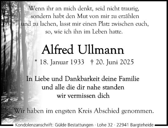 Traueranzeige von Alfred Ullmann von MARKT Ahrensburg/Bargteheide/Trittau und Stormarner Tageblatt