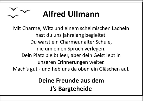 Traueranzeige von Alfred Ullmann von MARKT Ahrensburg/Bargteheide/Trittau und Stormarner Tageblatt