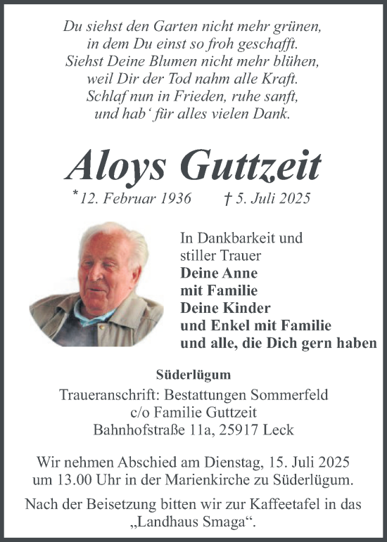 Traueranzeige von Aloys Guttzeit von Husumer Nachrichten, Nordfriesland Tageblatt
