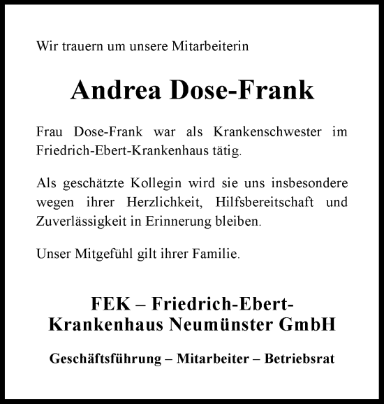 Traueranzeige von Andrea Dose-Frank von Holsteinischer Courier
