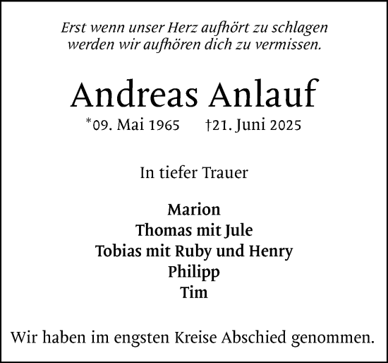 Traueranzeige von Andreas Anlauf von Region Pinneberg und tip Pinneberg