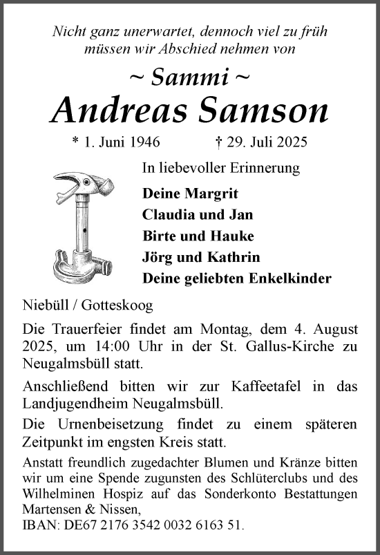 Traueranzeige von Andreas Samson von Husumer Nachrichten, Nordfriesland Tageblatt