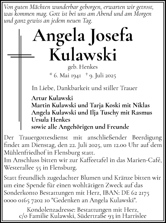 Traueranzeige von Angela Josefa Kulawski von Schleswiger Nachrichten, Schlei-Bote