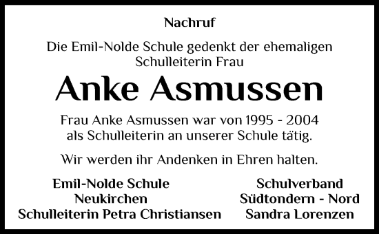 Traueranzeige von Anke Asmussen von Husumer Nachrichten, Nordfriesland Tageblatt