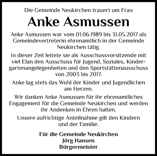 Traueranzeige von Anke Asmussen von Husumer Nachrichten, Nordfriesland Tageblatt