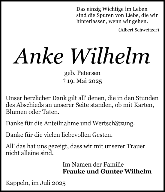 Traueranzeige von Anke Wilhelm von Schleswiger Nachrichten, Schlei-Bote