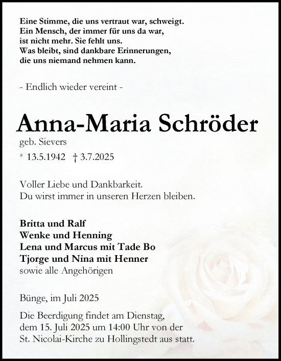 Traueranzeige von Anna-Maria Schröder von Schleswiger Nachrichten, Schlei-Bote