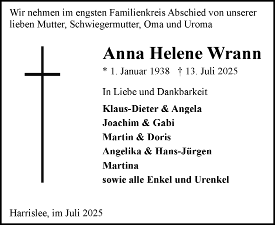 Traueranzeige von Anna Helene Wrann von Flensburger Tageblatt