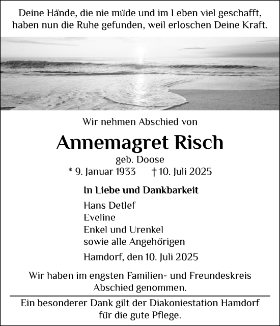 Traueranzeige von Annemagret Risch von Schleswig-Holsteinische Landeszeitung