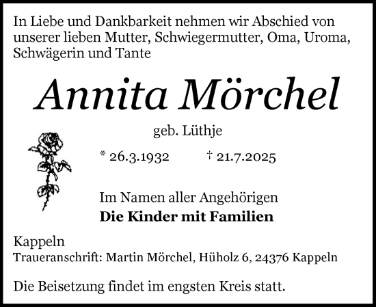 Traueranzeige von Annita Mörchel von Schleswiger Nachrichten, Schlei-Bote