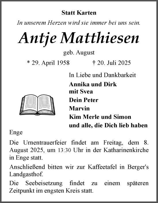 Traueranzeige von Antje Matthiesen von Husumer Nachrichten, Nordfriesland Tageblatt