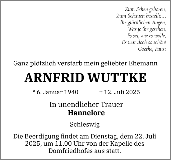 Traueranzeige von Arnfrid Wuttke von Schleswiger Nachrichten, Schlei-Bote